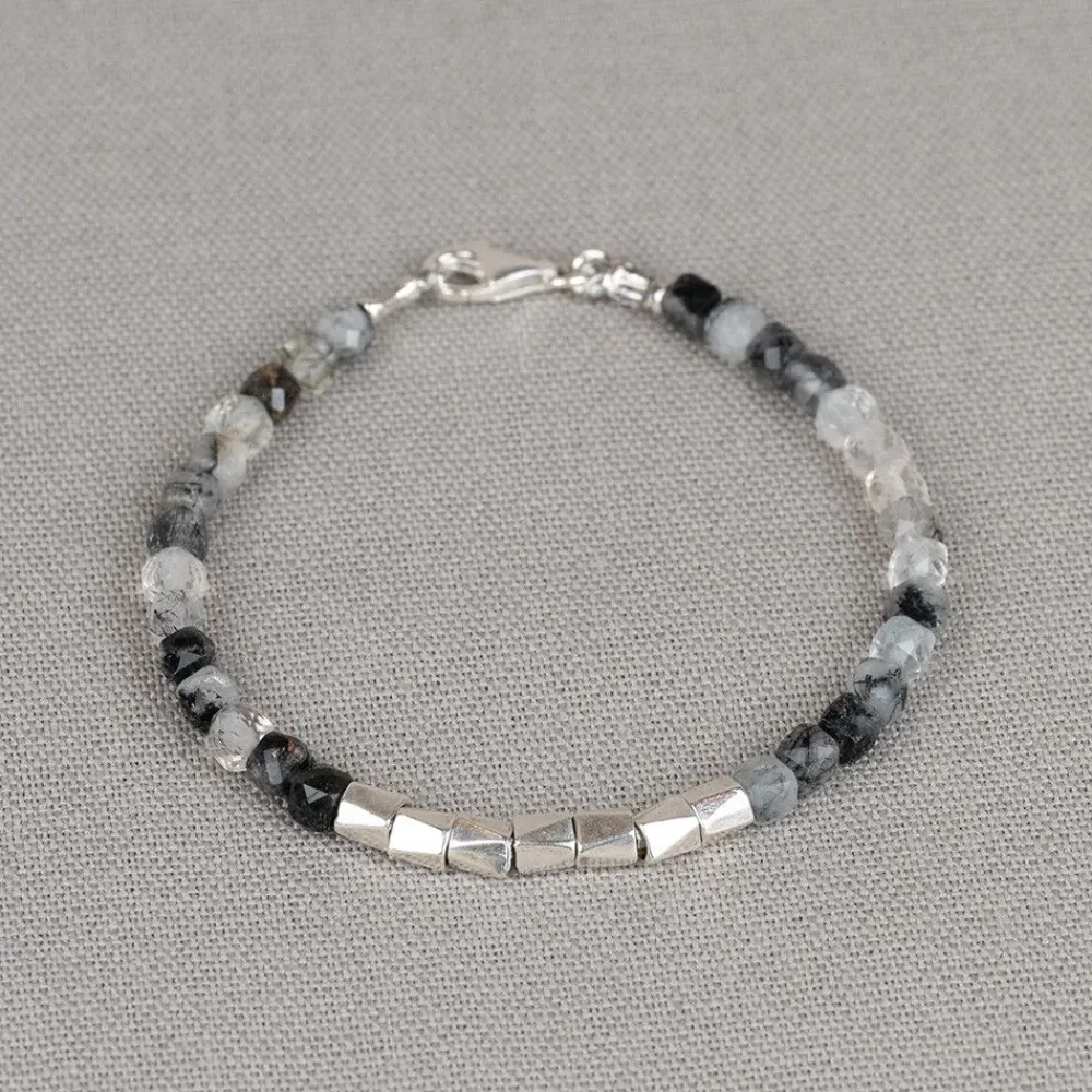 Jéh Jewels Silver | Edelsteine-Armband Schwarzer Rutil + silberne Eckrohre