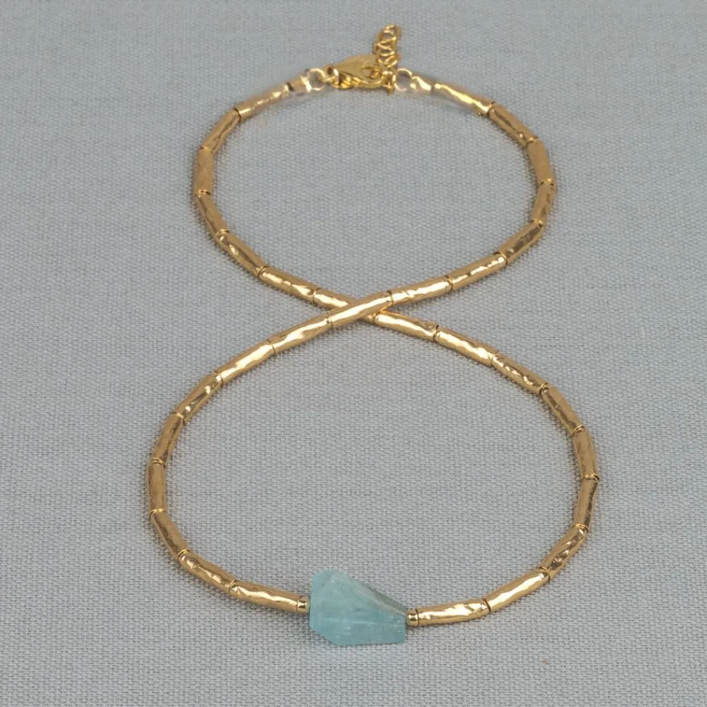 Jéh Jewels Tubes | Touch Of Gold-Collier LIMITED Goldfilled Röhren + Aquamarin