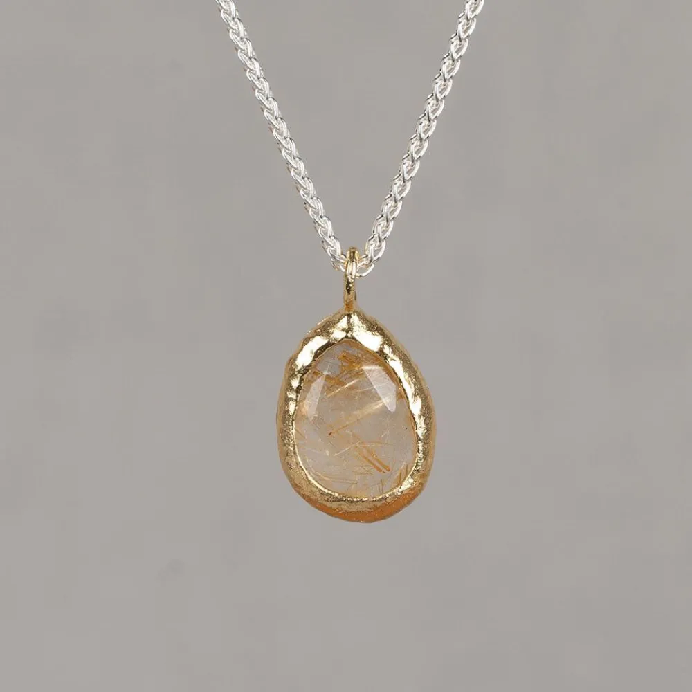 Jéh Jewels Touch Of Gold | Edelsteine-Halskette aus Silber + großer Tropfen vergoldet + Rutilgold