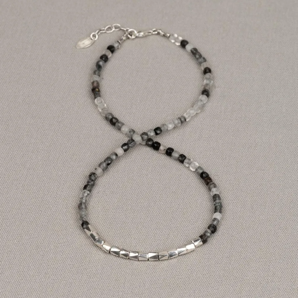 Jéh Jewels Silver | Edelsteine-Halskette Black Rutil mit einer Reihe silberner eckiger Röhren