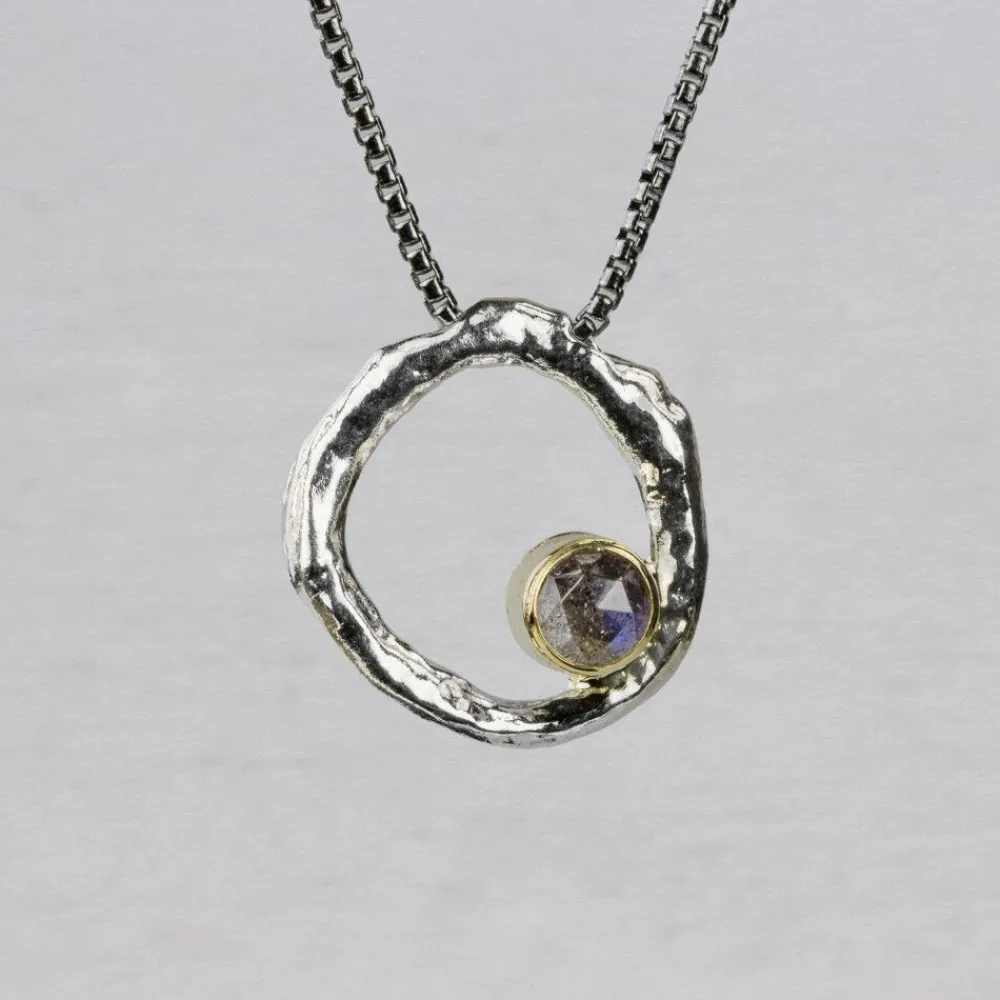 Jéh Jewels Touch Of Gold | Edelsteine-Halskette Oxy glänzender Kreis + 9 Karat + Labradorit
