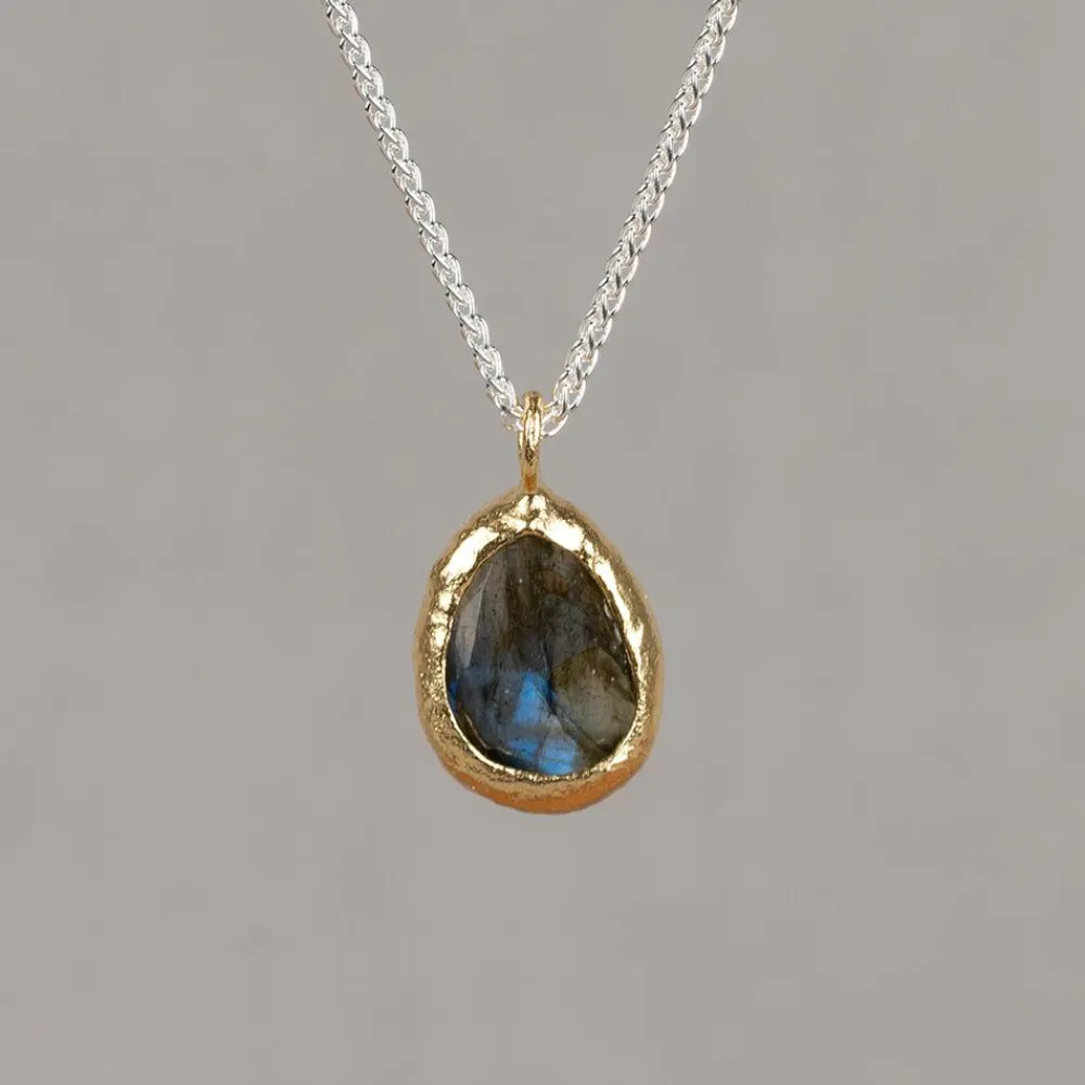 Jéh Jewels Edelsteine | Touch Of Gold-Halskette Silber + großer Tropfen vergoldet + Labradorit