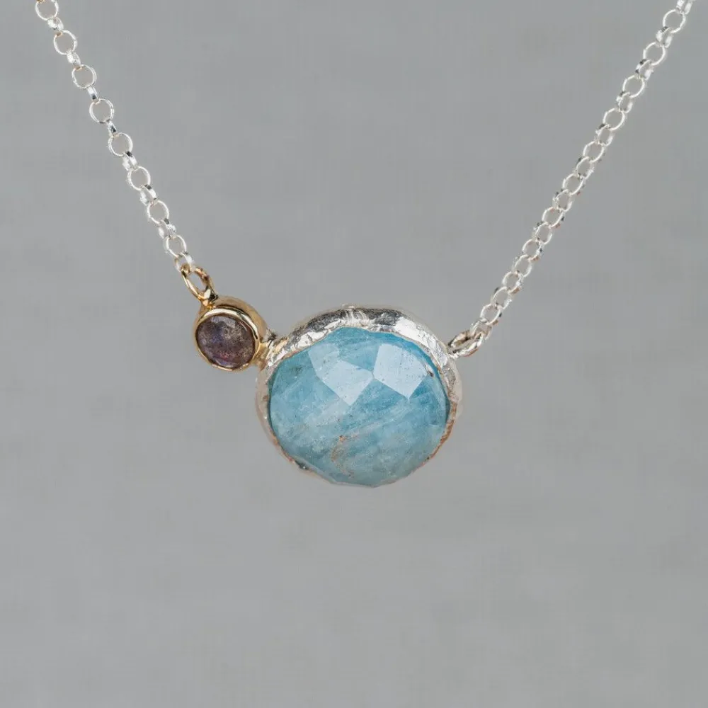 Jéh Jewels Touch Of Gold | Edelsteine-Halskette Silber + magisches Duo Aquamarin + Labradorit + 9 Karat