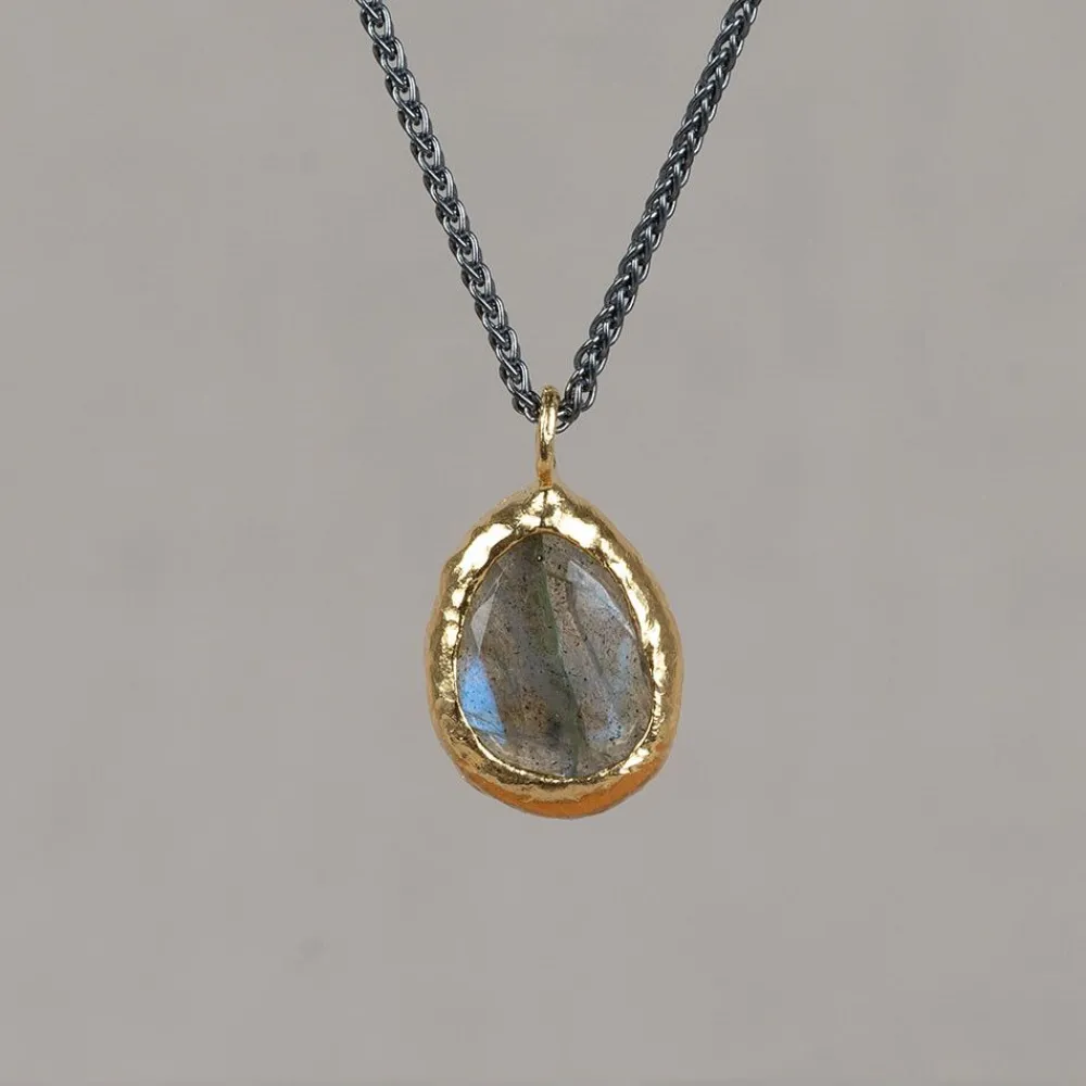 Jéh Jewels Touch Of Gold | Edelsteine-Halskette Silber Oxy + großer Tropfen vergoldet + Labradorit