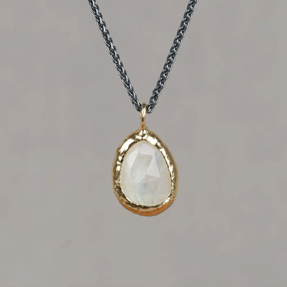 Jéh Jewels Touch Of Gold | Edelsteine-Halskette Silber Oxy + großer Tropfen vergoldet + Mondstein