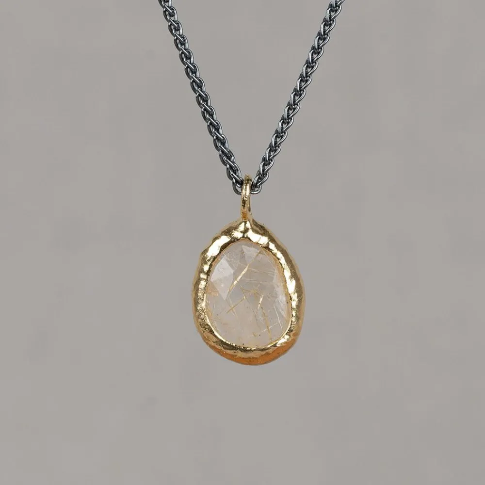 Jéh Jewels Touch Of Gold | Edelsteine-Halskette Silber Oxy + großer Tropfen vergoldet + Gold Rutil