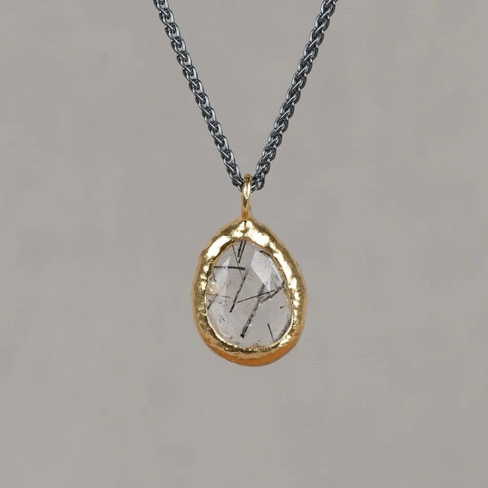 Jéh Jewels Touch Of Gold | Edelsteine-Halskette Silber Oxy + großer Tropfen vergoldet + schwarzer Rutil