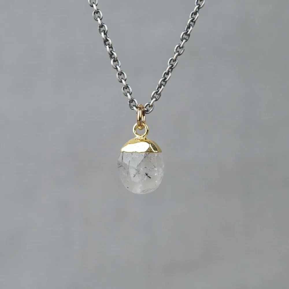 Jéh Jewels Touch Of Gold | Edelsteine-Halskette Silber Oxy + vergoldeter schwarzer Rutil + Rohdiamant