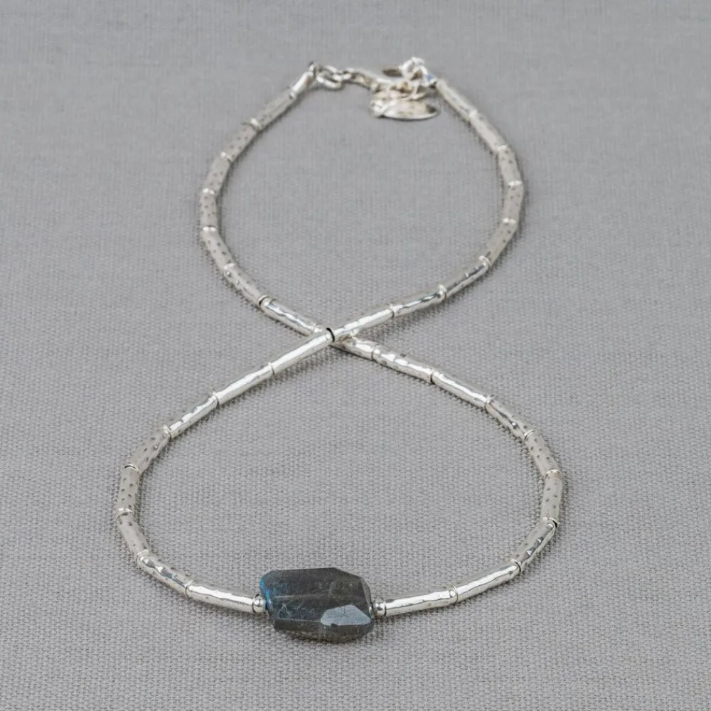 Jéh Jewels Tubes | Edelsteine-Halskettenröhren aus glattem Silber + Labradorit