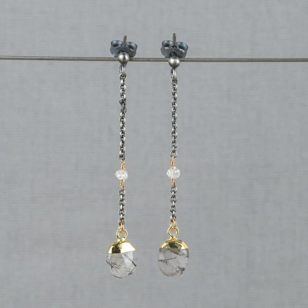 Jéh Jewels Touch Of Gold | Lang Ohrstecker-Ohrring Silber Oxy + vergoldeter schwarzer Rutil + Rohdiamant