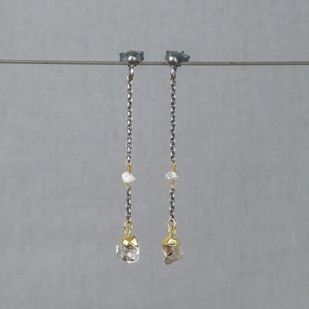 Jéh Jewels Touch Of Gold | Lang Ohrstecker-Ohrring Silber Oxy + vergoldet + Herkimer Diamant + Rohdiamant