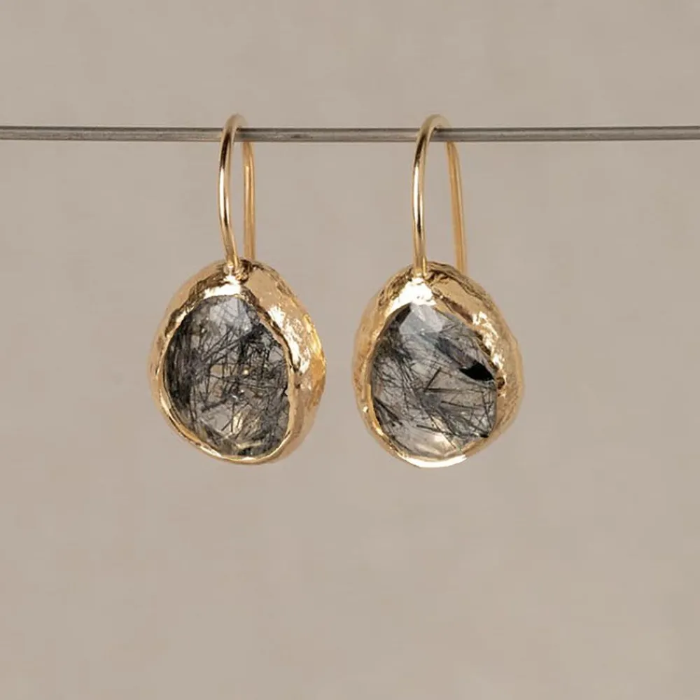 Jéh Jewels Touch Of Gold | Ohrhänger-Ohrringe großer Tropfen aus schwarzem Rutilquarz