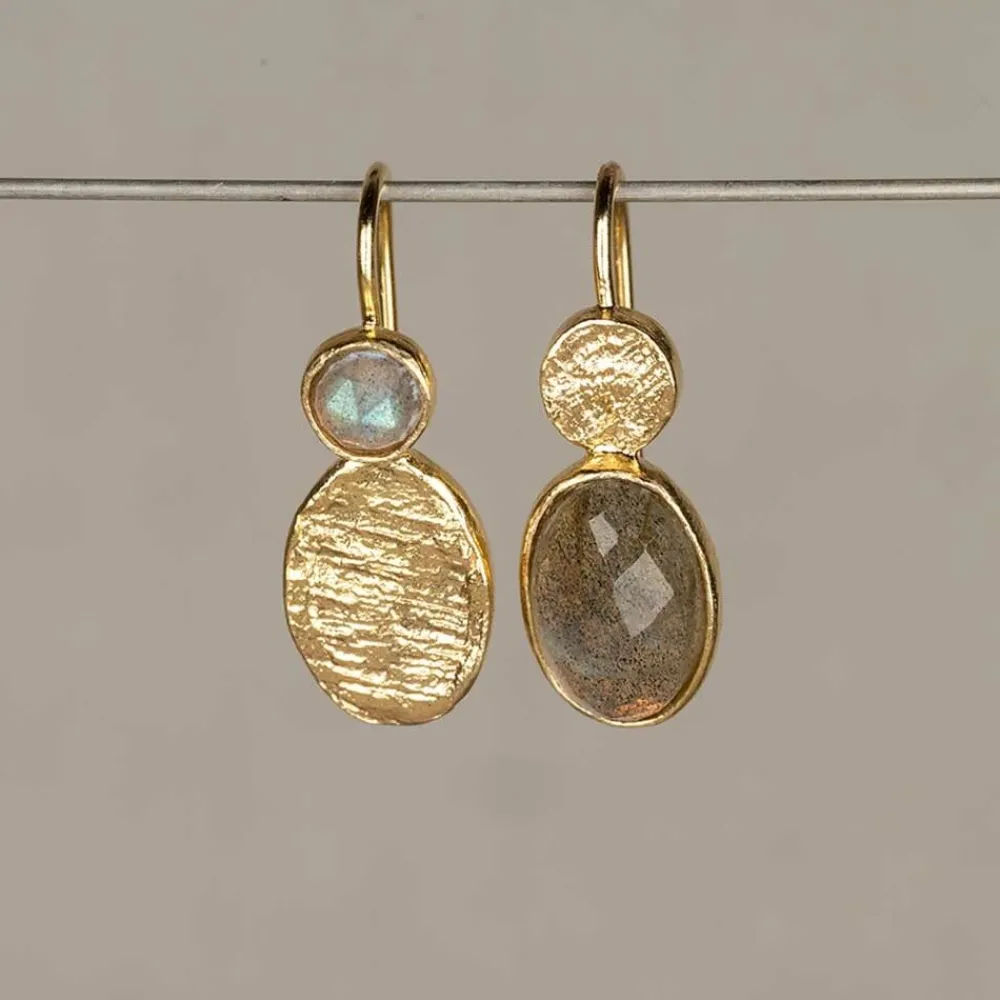 Jéh Jewels Touch Of Gold | Ohrhänger-Ohrringe Silber vergoldet + Labradorit asymmetrisch