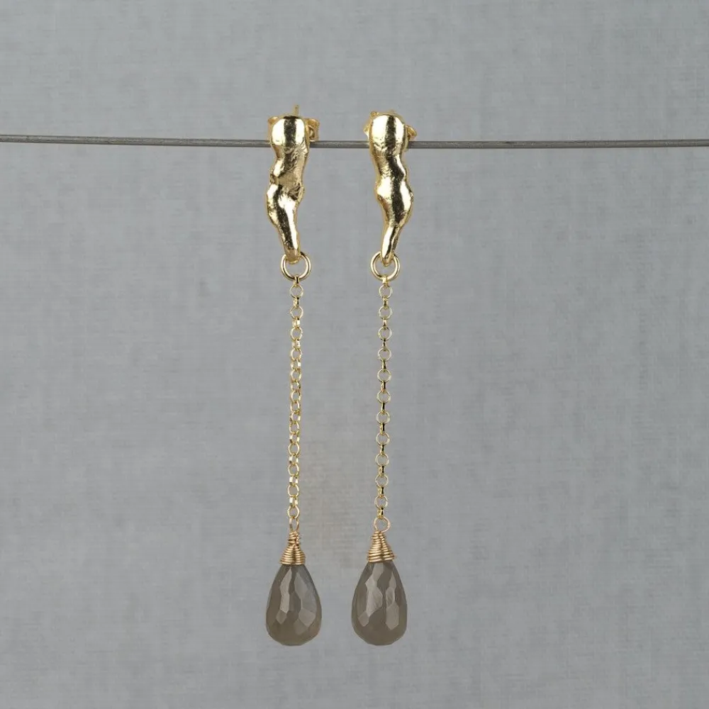 Jéh Jewels Touch Of Gold | Edelsteine-Ohrstecker elegant lang vergoldet + Grauer Mondstein
