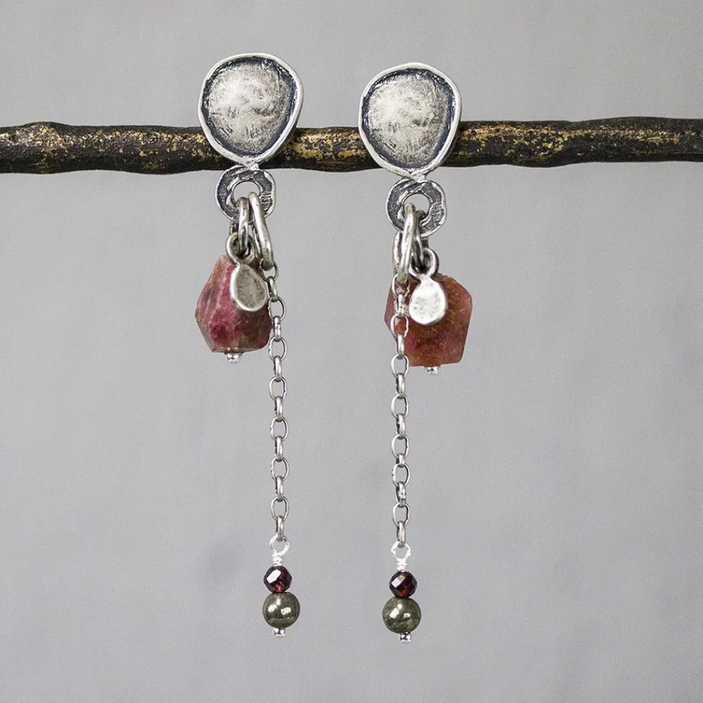 Jéh Jewels Silver | Lang Ohrstecker-Ohrstecker Silber oxy mit rosa Turmalinquarz