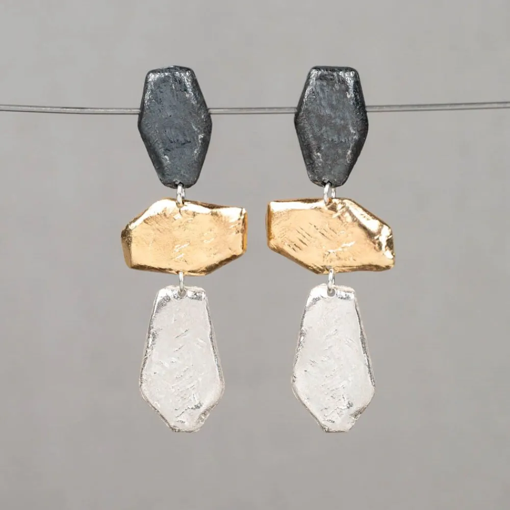 Jéh Jewels Touch Of Gold | Lang Ohrstecker-Ohrstecker Silber, Oxy, vergoldetes Triptychon