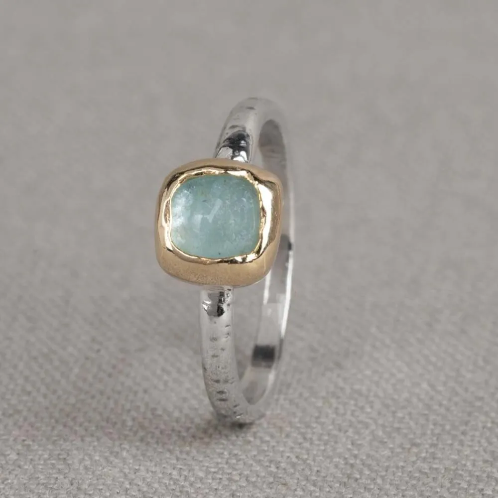 Jéh Jewels Mix & Match & 9 Carat | Edelsteine-Ring Silber + 9 Karat Quadrat + Aquamarin