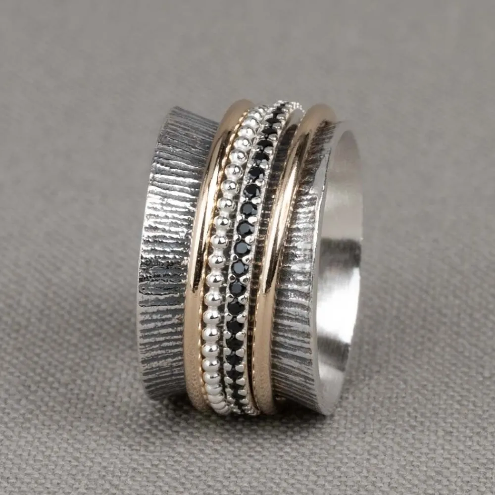 Jéh Jewels Touch Of Gold | Spinning-Ring Silber + Goldfilled + Schwarzer Zirkonia